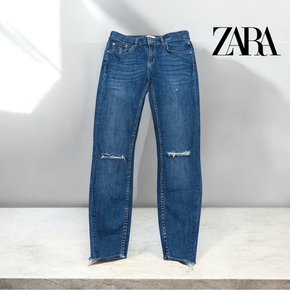 ZARA Premium Denim Collection, Distressed Blue Jeans, Size 6 - Picture 1 of 10